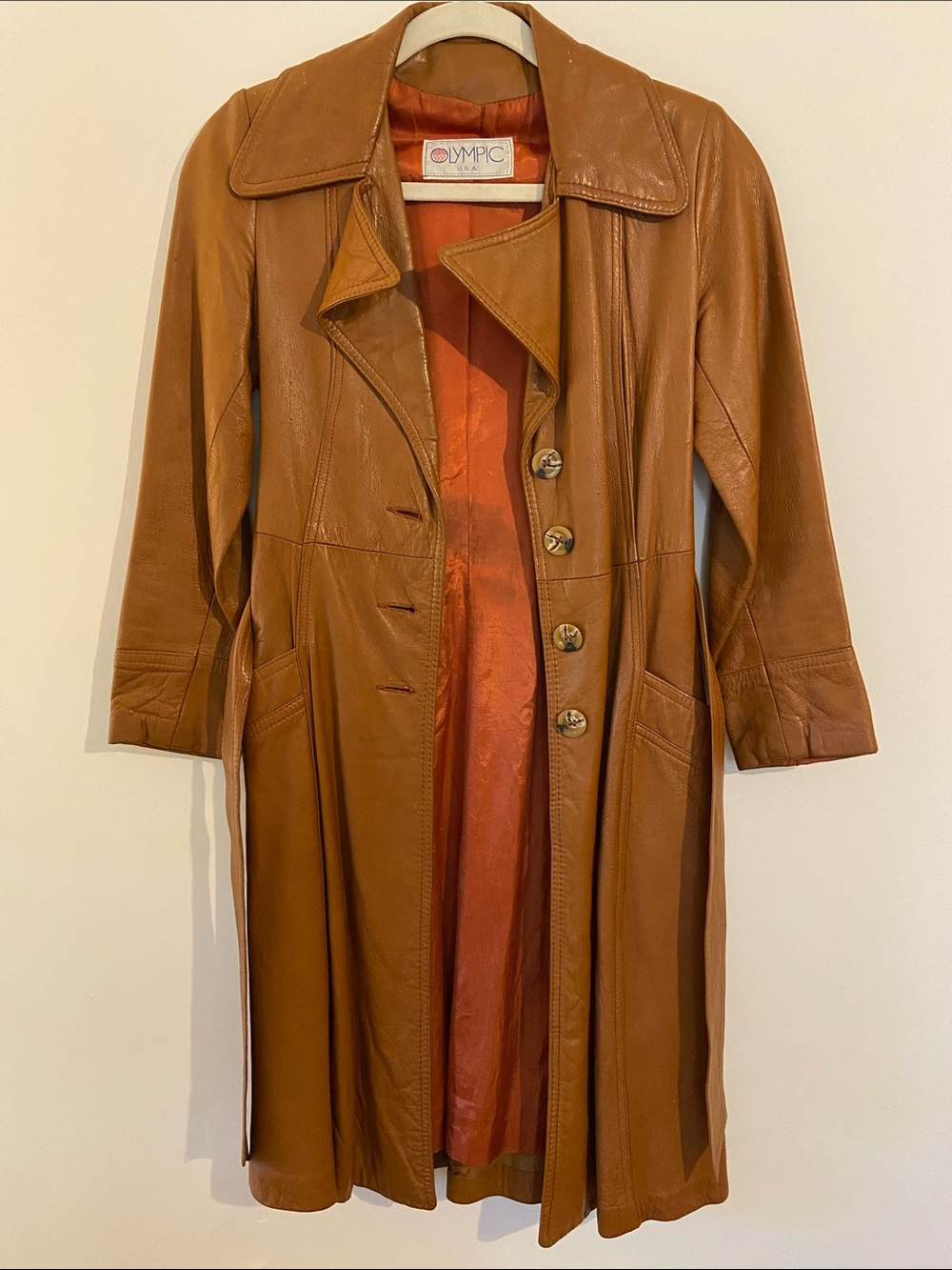 1970s Vintage camel Tan Leather Fit and Flare Trench Coat